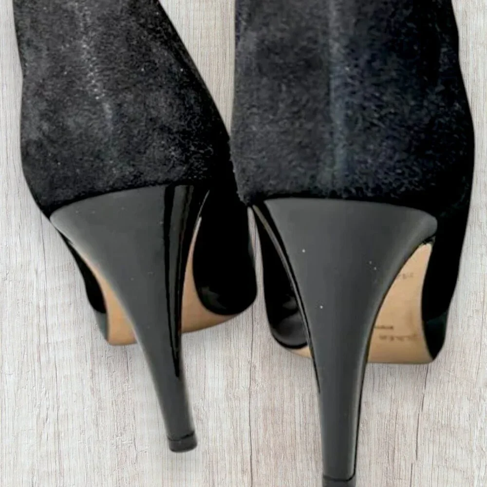 Kate Spade Black Suede Patent Leather Pointed Toe Stiletto Boots Womens 6.5